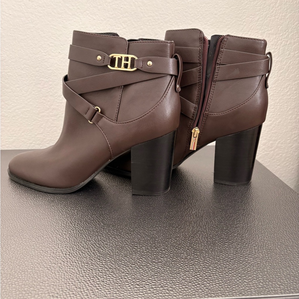 Tommy Hilfiger Chocolate Heeled Boots with Gold Buckle